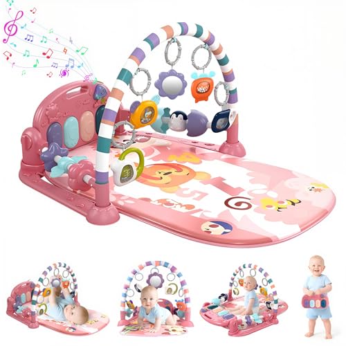 Baby Play Mat Baby Gym with 5 Detachable Activity Toys Music and Lights Funny Play Piano Tummy Time Baby Activity Mat Play Mat Baby for 0-6 9 12 Months Newborn Boys and Girls Gift (Pink)