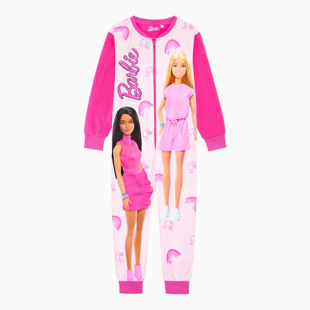 Barbie Girls Pink Official Fleece Onesie Sleepsuit, All In One Cosy Loungewear Pyjamas, Age 7-8 Years