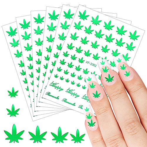 12 Sheets Pot Leaves Nail Stickers Colorful Leaf Nail Stickers Self-Adhesive Leaves Nail Decals Leaf Manicure Nail Stickers for Women and Girls Nail Decorations (Green)