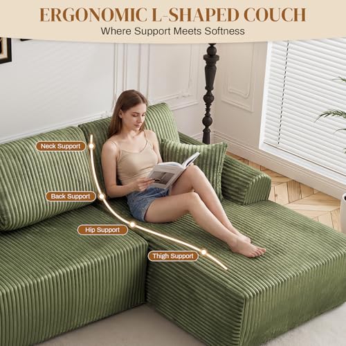 Image of 110 inch L Shaped Boneless Sectional Couches for Living Room, Comfy Corduroy Floor Cloud Sofa with Chaise, Wide Armrest, Deep Seat, Memory Foam, Assembly Free, Ideal for Small Spaces, Green