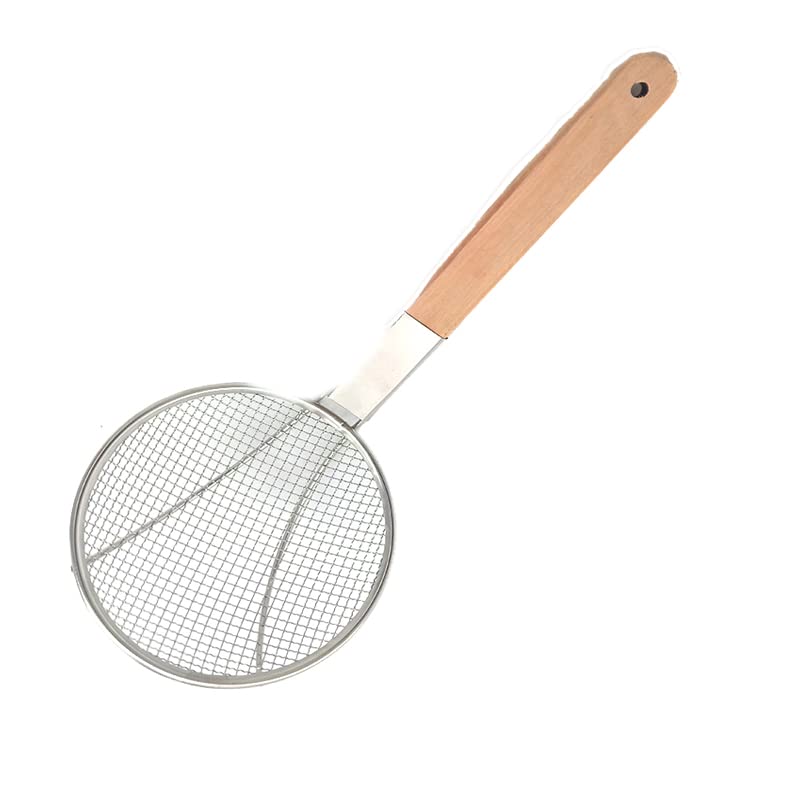 Faas Heavy Duty Stainless Steel Deep Fry Strainer Ladle with Wooden Handle | Jhara Skimmer Mesh Spoon for Oil, Frying Puri, Pakora & Snacks | Kitchen Cooking Tool (Silver, Pack of 1)