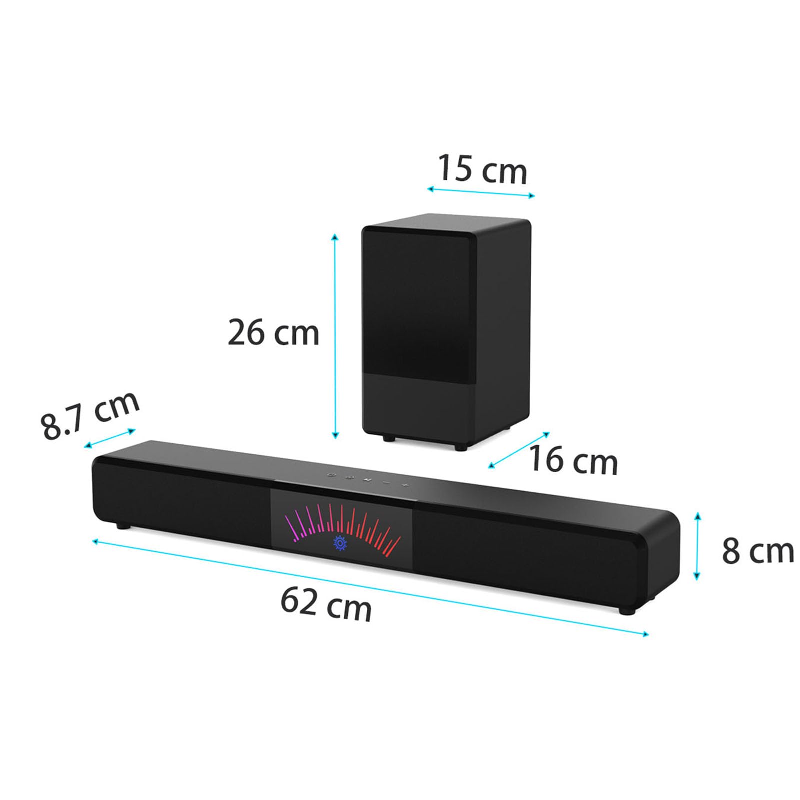 Goshyda Soundbar con Subwoofer, system di Altoparlanti Home Theater Bluetooth 6.3, Audio Surround 2.1 con Interfaccia Multimediale HD ARC, Ottico, AUX, USB, per Film, Musica, Feste (Spina europea)