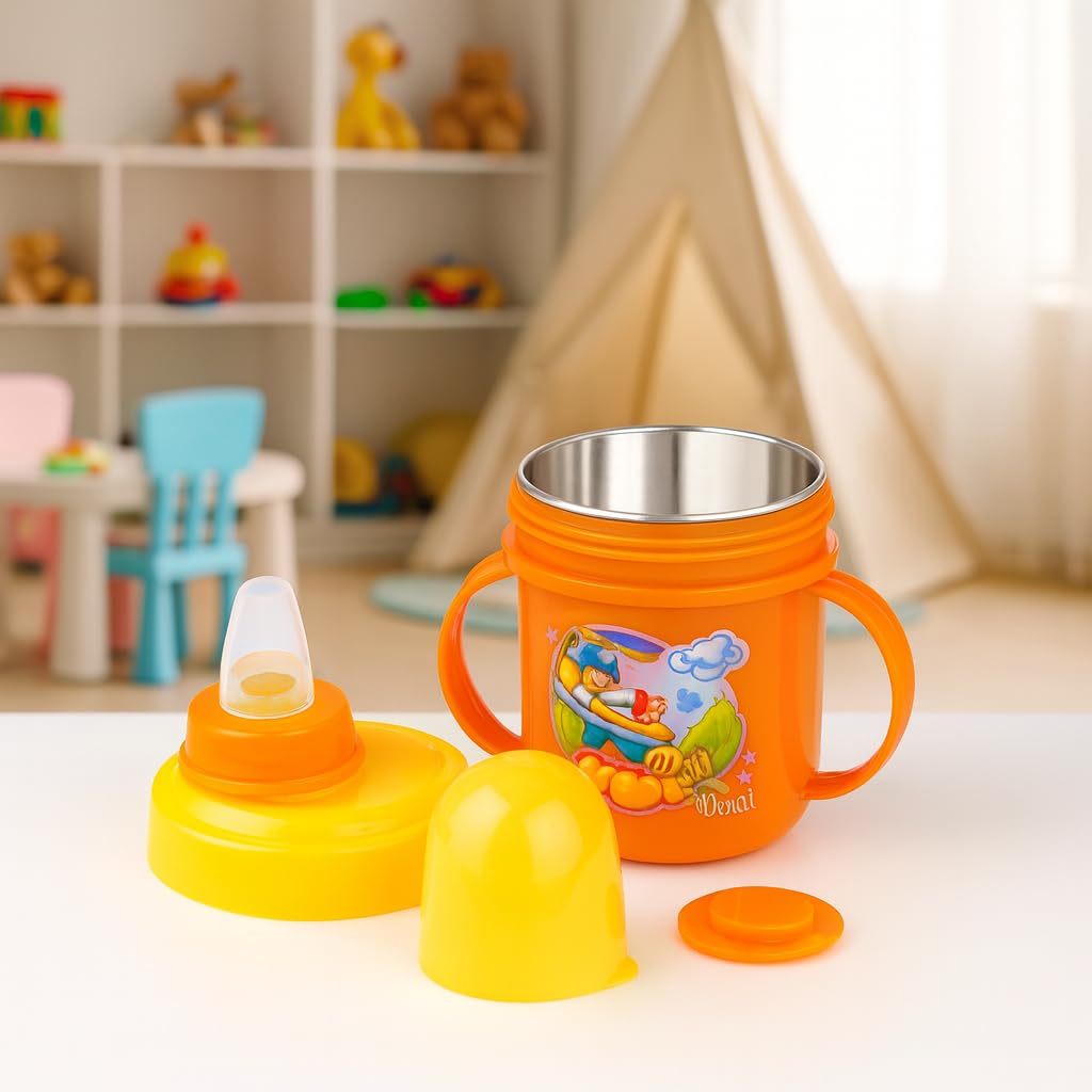 Zerya Hippo Stainless Steel Baby Spout Sipper Cup for Kids/Toddler with Soft Silicone 250 ML (Orange) 1