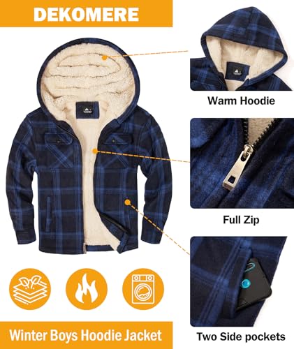 Image of Boys Fleece Jacket with Hood Unisex Child Sherpa Lined Zip Up Warm Coat Hooded Sweatshirt Outerwear