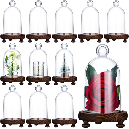 Cinnvoice 12 Pcs Plastic Dome Cloche Display Case Bell Jar with Wood Base Plastic Cloche Bell Shape Clear Dome 4.9 x 3.2 Inch for Craft Collectibles Rose Office Home Tabletop Christmas Gift
