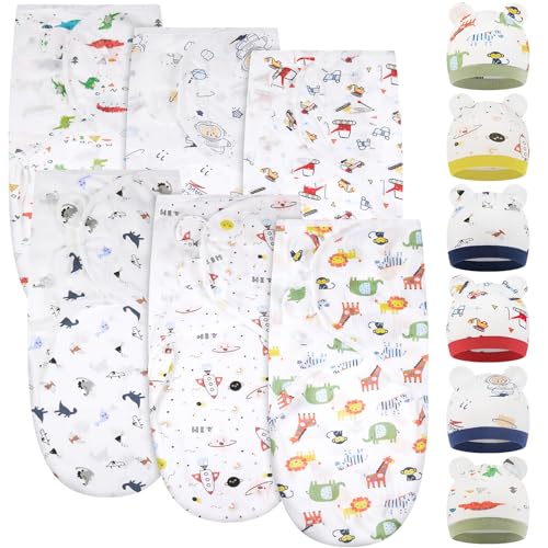 Image of Ramede 6 Pack Baby Swaddle Blanket with Hats Sleep Swaddle for 0-3 Months Newborn Sacks Soft Cotton Wearable for Boy Girl