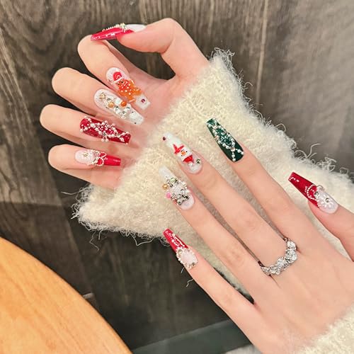 Liccom Press-On Nails - Uñas postizas navideñas con purpurina y cristales, diseño festivo, fácil aplicación, reutilizable (L, 27 a 32 mm, bailarina)