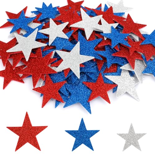 Star Stickers 100 PCS 4th of July Foam Stickers Patriotic Sticker for Kids Crafts Self Adhesive Glitter Star Shaped Red Blue and Silver Foam Sticker for Independence Day Arts Crafts DIY Supplies