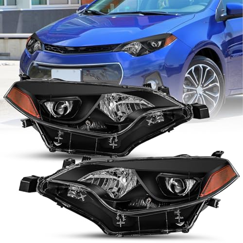 SOCKIR Headlight Assembly Fit for 2014 2015 2016 Toyota Corolla Base/CE/C/LE Eco/LE/L/S Plus/S/Sedan 4-Door Projector LED Headlamp Replacement Black Housing with Amber Reflector