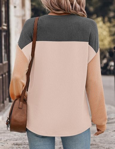 Ivicoer Womens Color Block Pullover Shirts Ribbed Long Sleeve Tops Fall Casual Loose Sweatshirts Fashion3