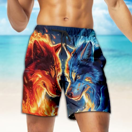 Wolf Moon Mens Swim Trunks - Wild Animal Hawaiian Mens Swim Short Beach Shorts TU-SH-473