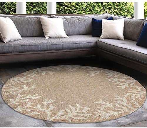 Liora Manne CAPRI Indoor/Outdoor Handmade Synthetic Blend Durable Area Rug - Traditional Border Coastal Beach Accent (Coral Border Neutral) (8' Round)
