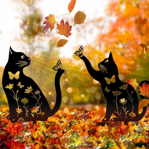 2 Pack Statue de Chat en Fer Sculpture de Jardin en Métal pour Ornement de Pelouse Statue de Plein Air pour Prairie Décorations pour Amateurs de Chiens...