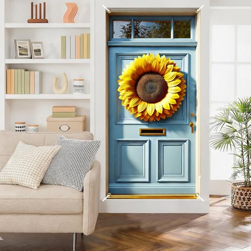 Image of Giant Sunflower Door Cover 35x71in Summer Bloom Blue