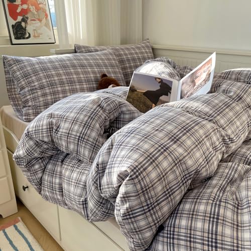 Image of mixinni Queen Duvet Cover Set - 3 Piece Vintage Buffalo Plaid Bedding, 100% Washed Cotton Duvet Cover with 2 Pillowcases, Soft & Breathable Navy Beige White Geometric Grid Pattern for All Seasons