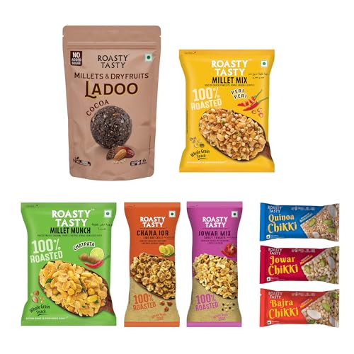 Image of Roasty Tasty Assorted Healthy Snacks & Sweets Combo | Millet Chocolate Ladoo, Chikki & Roasted Namkeen Mix | Sugar Free Sweets Alternative to Chocolate | Palm Oil Free Snacks for Adults | Healthy Gifting Hamper