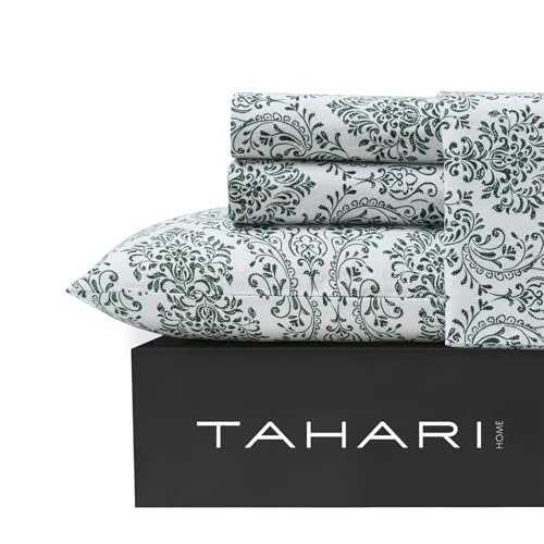 Image of Tahari Home Queen Size 4-Piece Bedding Set - 2 Sheets & 2 Matching Pillowcases | Fitted & Flat Sheets | Cozy & Warm Brushed Flannel | Soft & Breathable | Durable & Wrinkle Resistant | Damask Green