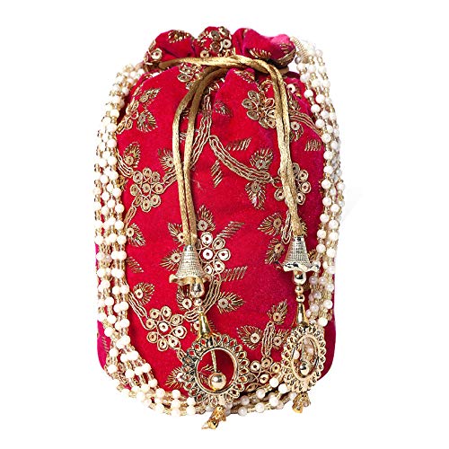 Designer Women's Royal Silk Potli Batwa Bag Bridal Purse Women handbag Shagun Pouch Return Gifts (Red)-image-35