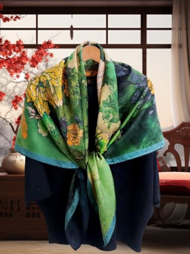 HangErFeng Women Scarf Silk Fragrant Cloud Yarn Square Peony Pattern Double Printed Green Shawl 871 onesize4