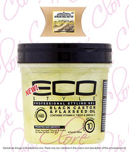 Eco Styler Black Castor & Flaxseed Oil Gel (16oz) with Superior Shea Butter Packet 1oz