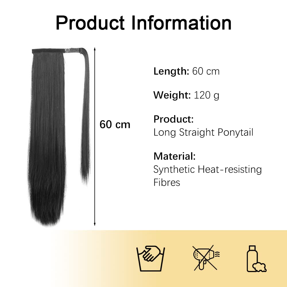 Przedłużenie włosów o długości 60 cm, gładkie włosy, przedłużenie warkocza, przedłużenie włosów z klipsem, koński ogon, sztuczne włosy, peruka dla kobiet, peruka afro (czysta czarna)