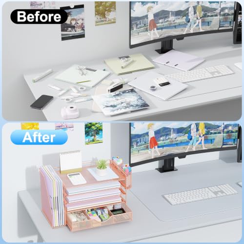 Image of gianotter 5-Tier Desk Organizer with Drawers and File Holders | Letter Trays and Pen Holders - Workspace Accessories for Office Supplies (Rose Gold)
