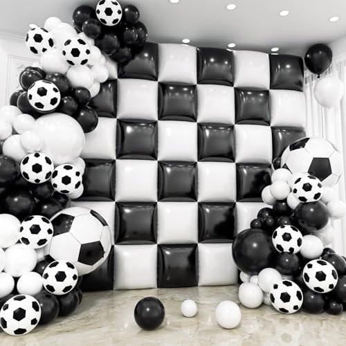 Image of 36pcs Black and White Square Foil Balloons Wall Backdrop with 114pcs Soccer Balloon Garland Arch Kit, Double Sided Balloons for World Soccer Boys Sports Theme Baby Shower Party Decorations Set