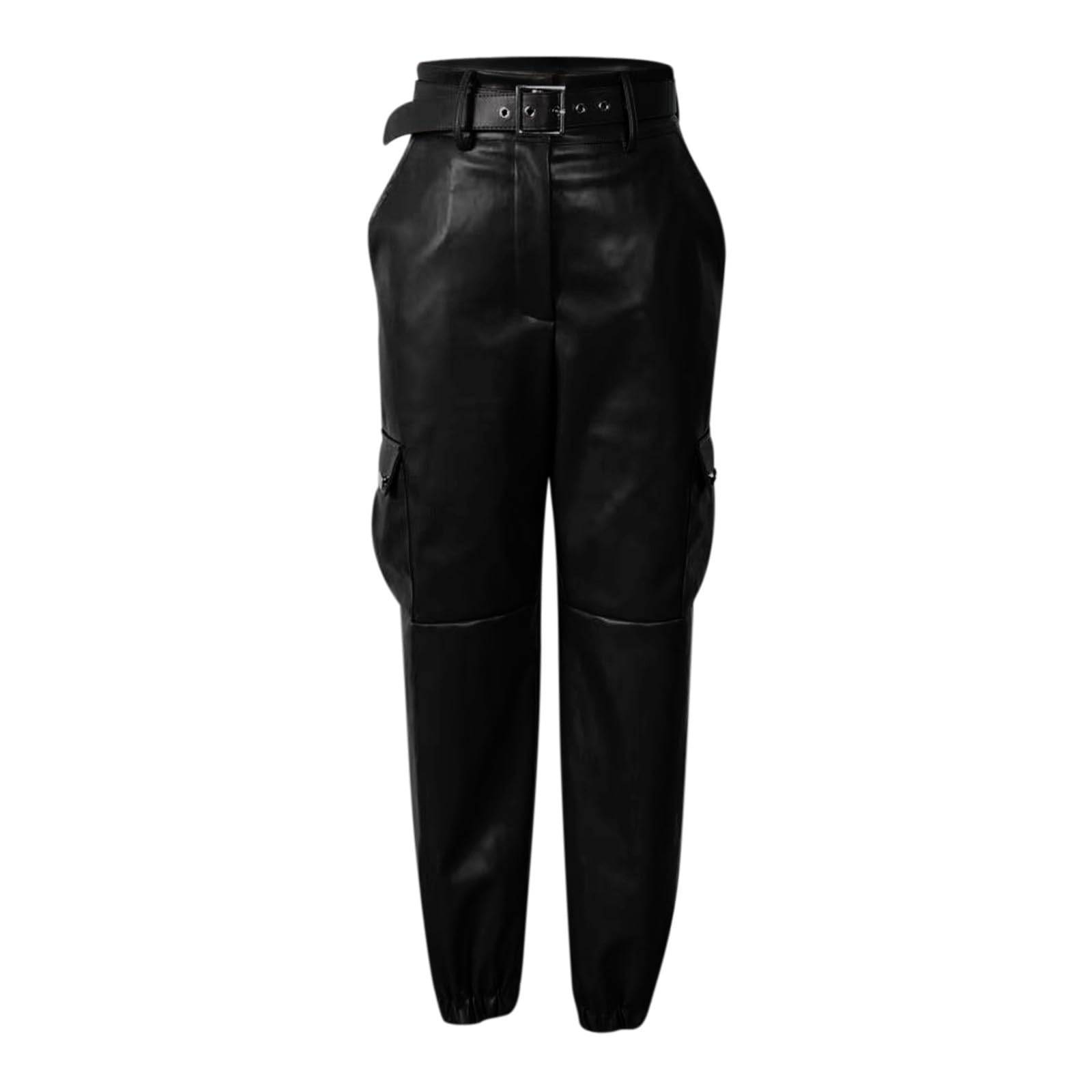 Pantaloni cargo da donna a vita alta, gamba larga, effetto pelle, pantaloni | Pantaloni da donna in pelle, morbidi, comodi, casual, streetwear, hip-hop, con vita elasticizzata, con tasche