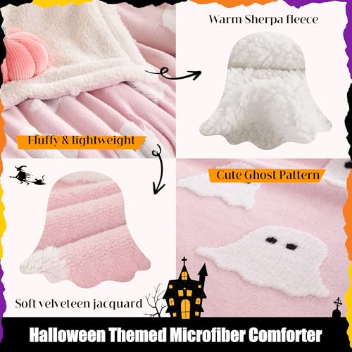 Smoofy Throw Blanket Halloween Blanket with White Ghost Pink Throw Blankets for Bed and Couch Soft Fluffy Fleece Blanket 60x80 inches