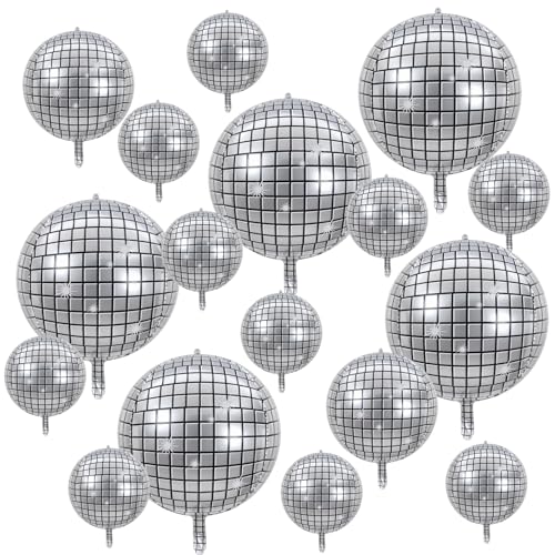 argtnayk 17 balões de discoteca 4D prateados, decoração com 3 tamanhos (10 polegadas 15 polegadas + 22 polegadas) com balões redondos para festas, aniversário