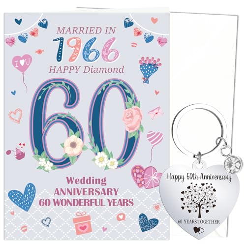 Luvart 60th Wedding Anniversary Card Gift - Diamond Wedding Anniversary Greeting Card with Keychain Celebrating 60 Years Marriage Gifts for Parents Friends Him Her Spouse Couples