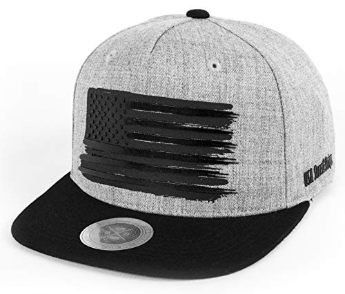 Flipper USA American Flag Flat Brim Bill Baseball Cap Classic Snapback Hat for Men Women Version.2 with 3 Sizes (Gray/Black, Large (22 3/8" ~ 23 1/8"))