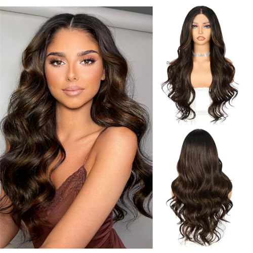 Sapphirewigs Highlight Lace Front Wig Dark Brown Dark Roots Synthetic Body Wave Synthetic Lace Front Wigs Party Date Daily Wear Christmas Natural Looking 26 inch