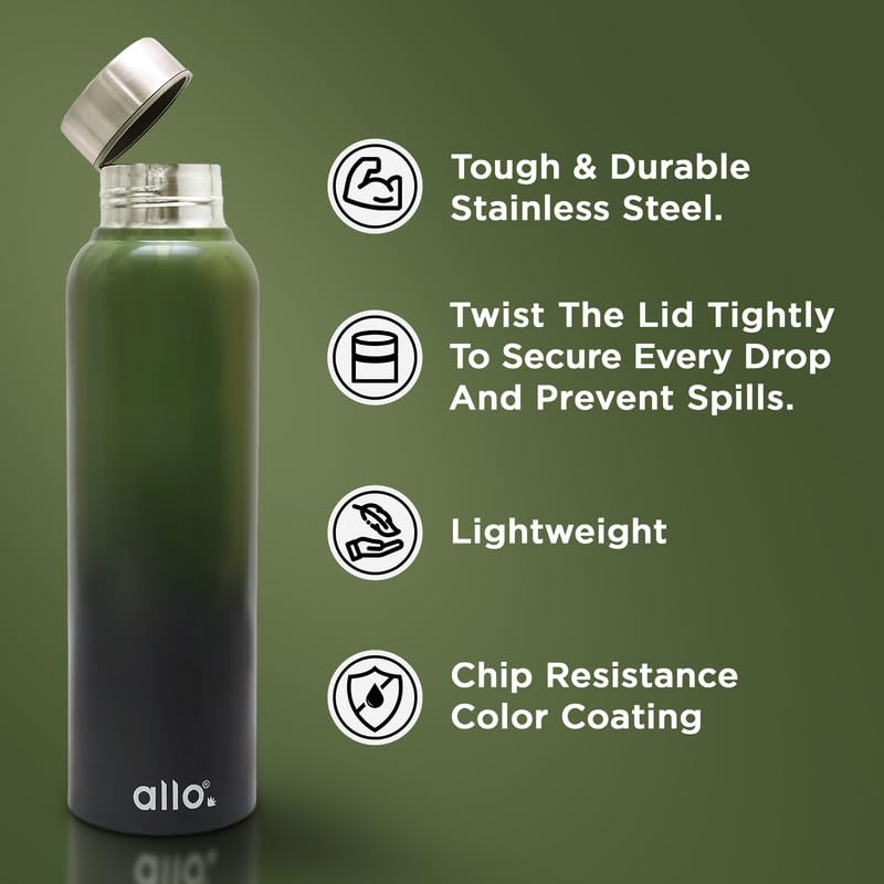 Image of Allo Stainless Steel Water Bottle For Adults, Kids 1 Litre Water Bottles For School, Office, Sports, Gym 1L Water Bottle For Men And Women, Pack Of 2| Leak Proof, Bpa Free, Olive Green & Dark Grey