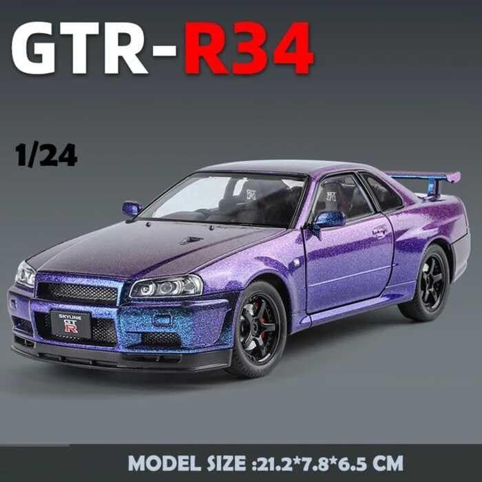 Image of 1:24 Scale Nissaan Skyline R-34 Model Alloy Metal Pull Back Toy car for Kids with Openable Doors & Light, Music Toy Vehicle for Kids (1:24 Nissaan Skyline R-34 (Purple))