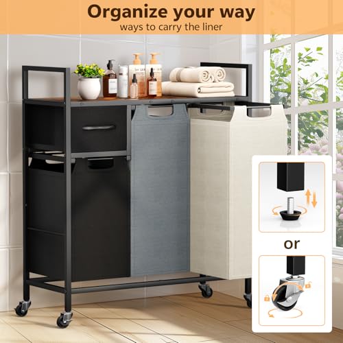 Laundry Hamper - Laundry sorter 3 Section 145L - Laundry Room Organization with 4 Pull-Out Drawers, Removable Oxford Bags, Lockable Wheels & Sturdy Shelf for Laundry Room, Bathroom, Bedroom - Image 5