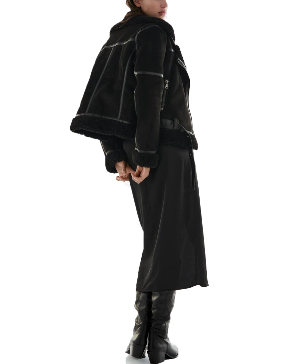 LY VAREY LIN Women's Faux Shearing Moto Jacket Thick Lined Parka Winter Shearling Coat Leather Jacket