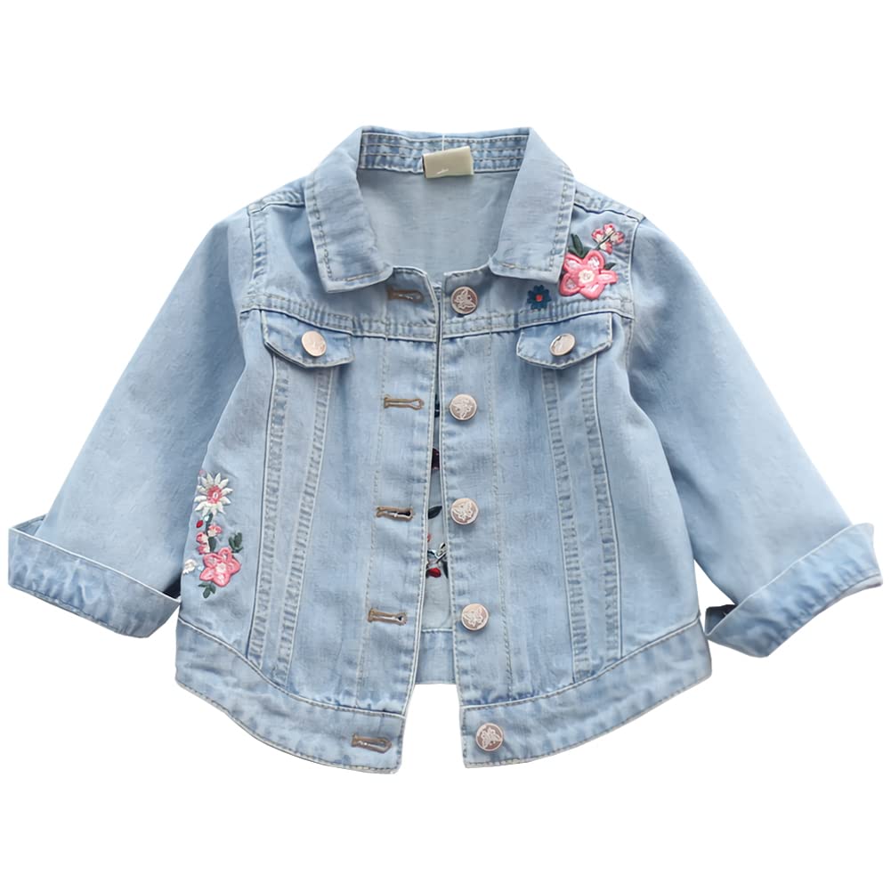 Veste en Jean Enfant Fille Manteau en Denim Brodé Blouson Trench-coat à Col Revers pour Printemps Automne