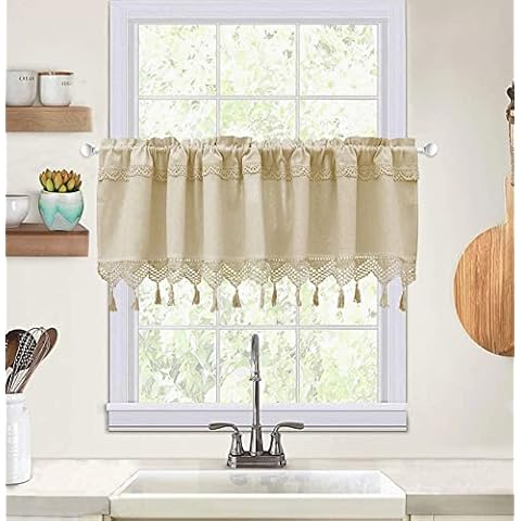 SFJ-CA Farmhouse Macrame Valance for Window Boho Burlap Tassels Short Kitchen Curtain 18 inches Beige Lace Window Treatment Decor for Living Room Bathroom Cafe Cover