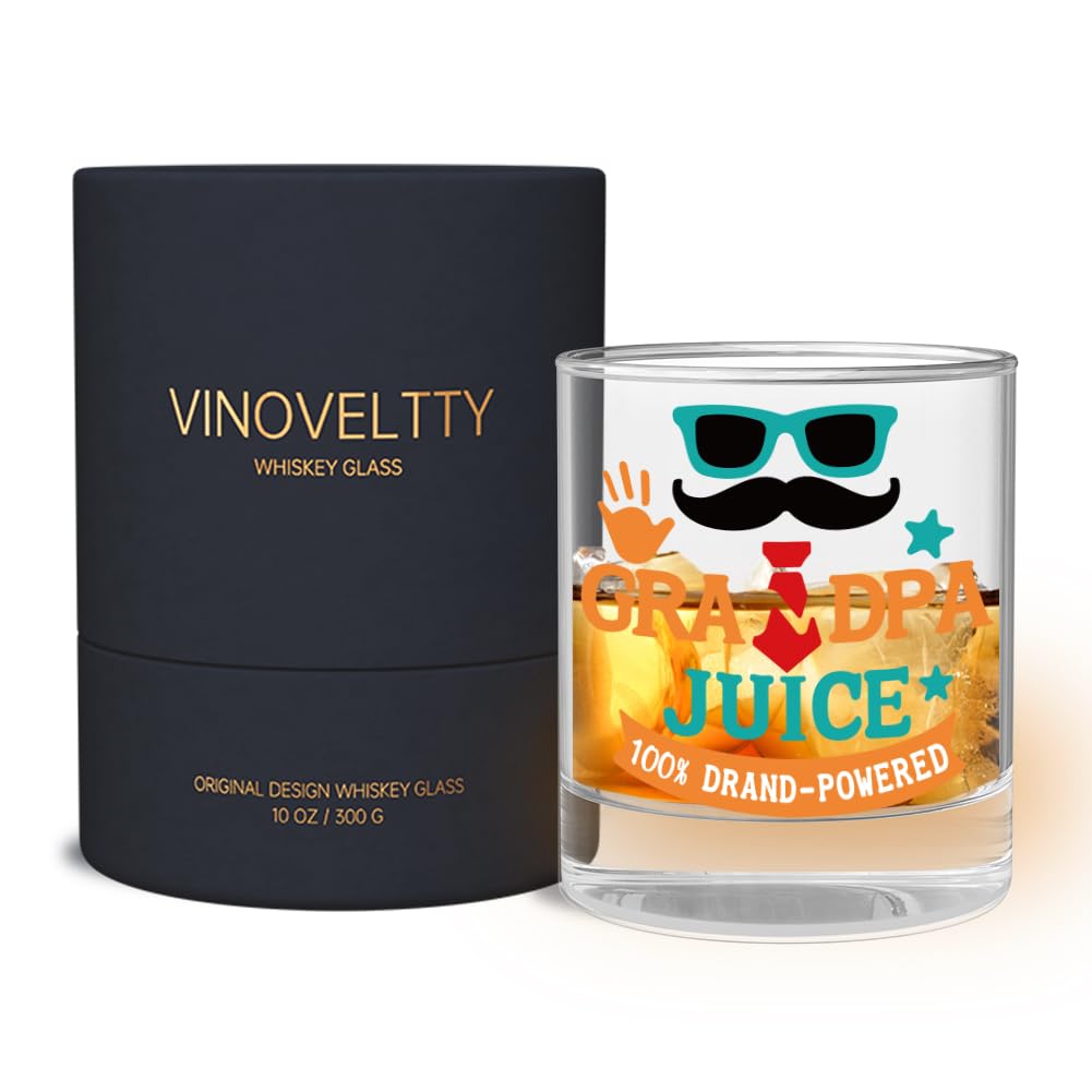 Vinoveltty Grandpa Juice Whiskey Glass, Funny Fathers Day Gift for Grandad, Christmas Birthday Present for Grandpa, Novelty Bourbon Glass for Men (300ml)