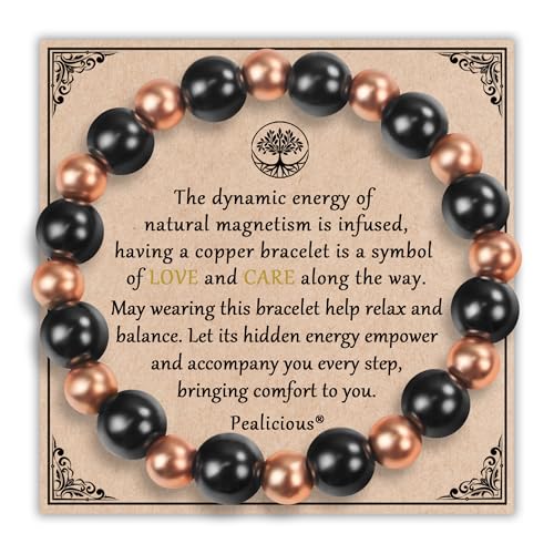 PEALICIOUS Copper Bracelet for Women and Men 10MM Copper Magnetic Bracelet with 3800 Gauss Magnet Beads as Rakhi for Brother Cooper Hematite Jewelry Pulsera De Cobre Para Mujer for Parents