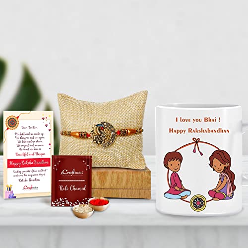 Image of eCraftIndia Rakhi Gift for Brother | Golden & White Beads Pearl Diamond Designer Bhaiya Bhabhi Rakhi Set