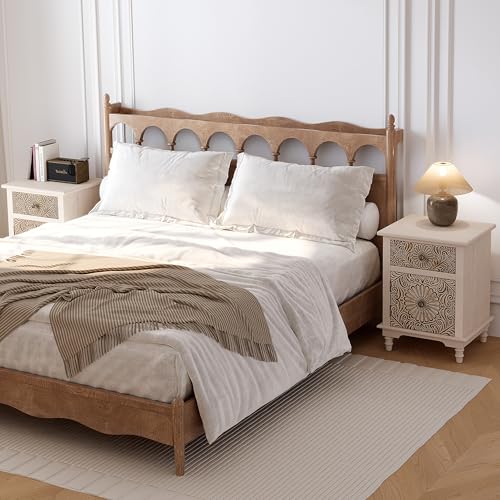 Image of HOMPUS White Nightstand with Drawer & Storage, Fully-Assembled Flower Motif Night Stand for Small Spaces, 2 Drawer End Table with Storage for Living Room, Bedroom, Distress White