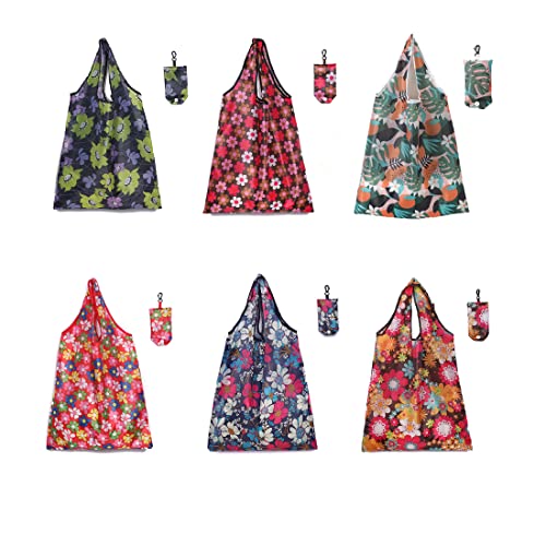 Elephant-Package 6 Pcs Foldable Shopping Bags With Hook- Washable- Reusable Grocery Bags With Pouch Tote Bags (Cute Flower Design) #TOP1