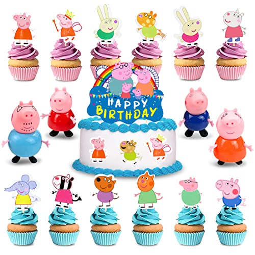 Siphus Topper Tarta, 17 Piezas Pig Decoracion Tartas Cumpleaños, Figuras Tarta Cumpleaños, Decorar...