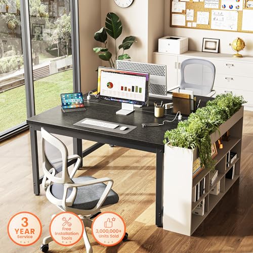 Image of Huuger 48 x 24 inch Desk with Power Outlets & USB-C, Deeper & Thicker Desktop, Robust Metal Tubes, Computer Desk, Heavy Duty Office Desk, Work Gaming Desk for Home Office, Black