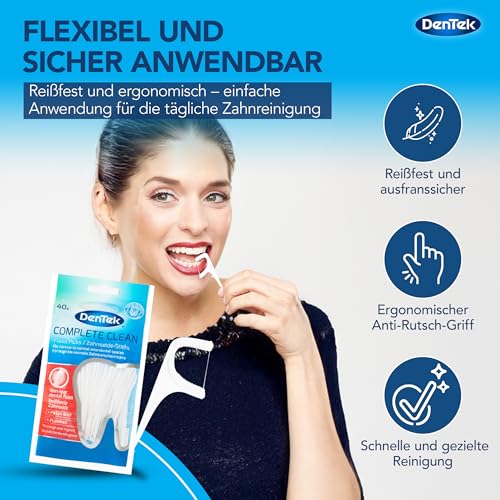 DenTek Complete Clean Zahnseide Sticks (40 Stk.) – Zahnsticks mit Minzgeschmack – Für Zahnzwischenräume – Flosser mit Zungenschaber und Zahnstocher für frischen Atem und Zahngesundheit