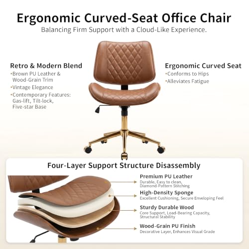 FervorFurn Armless Office Chair with Back, Mid Century Modern Walnut Style Desk Chair, No Arms Leather Computer Chair for Home Office, Vanity Chair, Seat-Rocking, Adjustable Height (Light Brown) - image 7