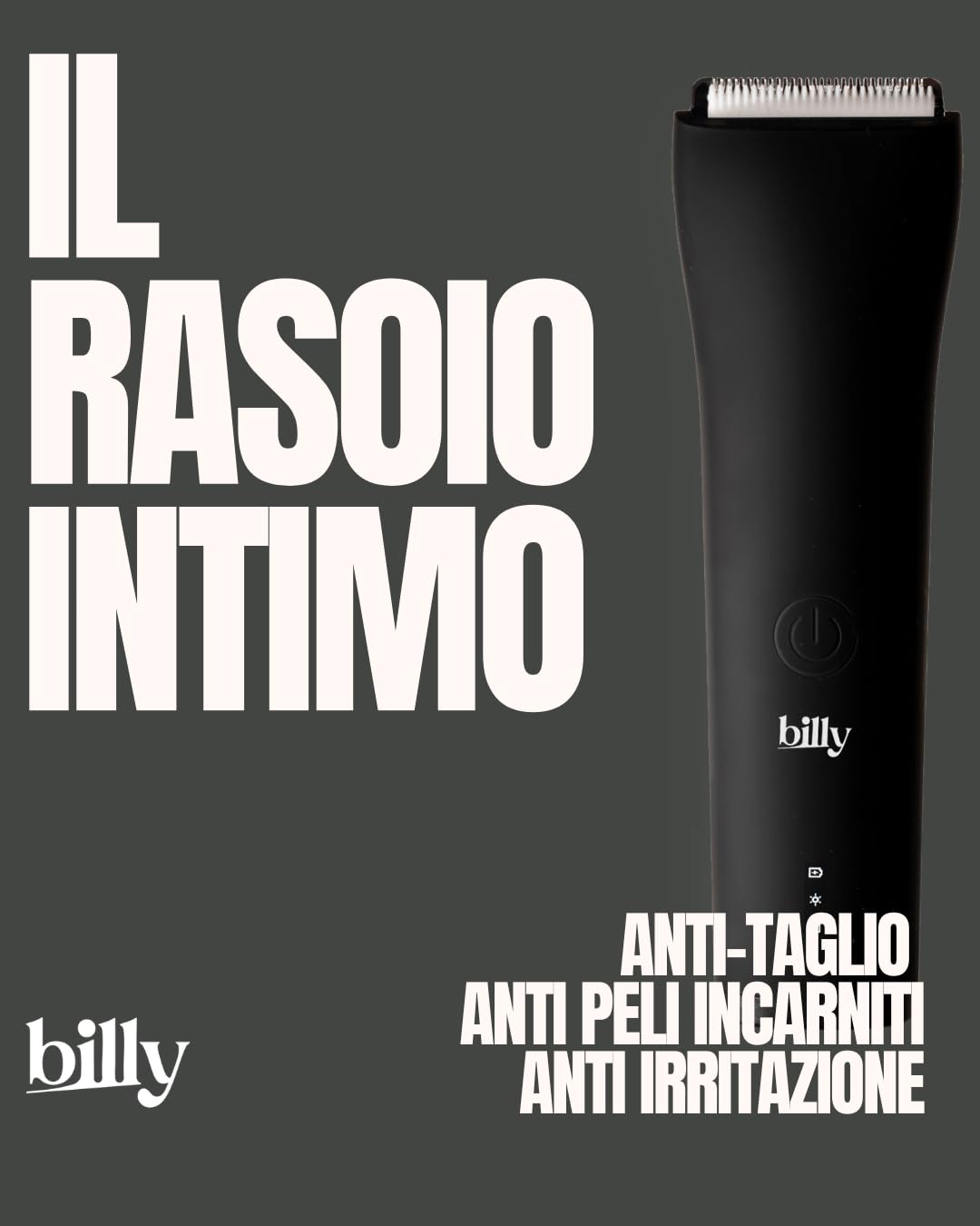 billy Rifinitore Intimo Anti-Taglio Uomo Donna Zone Sensibili - Lama Ceramica Anti-Taglio Anti-Peli Incarniti - Impermeabile - 5 Altezze (0-12mm) LED - USB-C - Peli Pubici