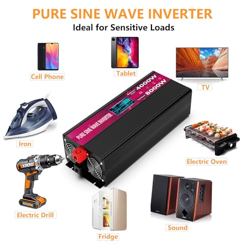 Image of 4000W Pure Sine Wave Power Inverter 12V DC to 110V /120V AC, 8000W Peak with Remote Control, 4 AC Outlets, Dual USB, LED Display, Heavy Duty Converter for RV, Truck, Solar System, Off-Grid & Emergency